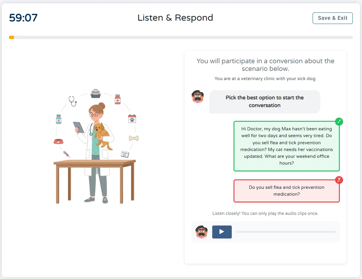 Listening module of free Duolingo mock test online with real exam simulation on Prep27
