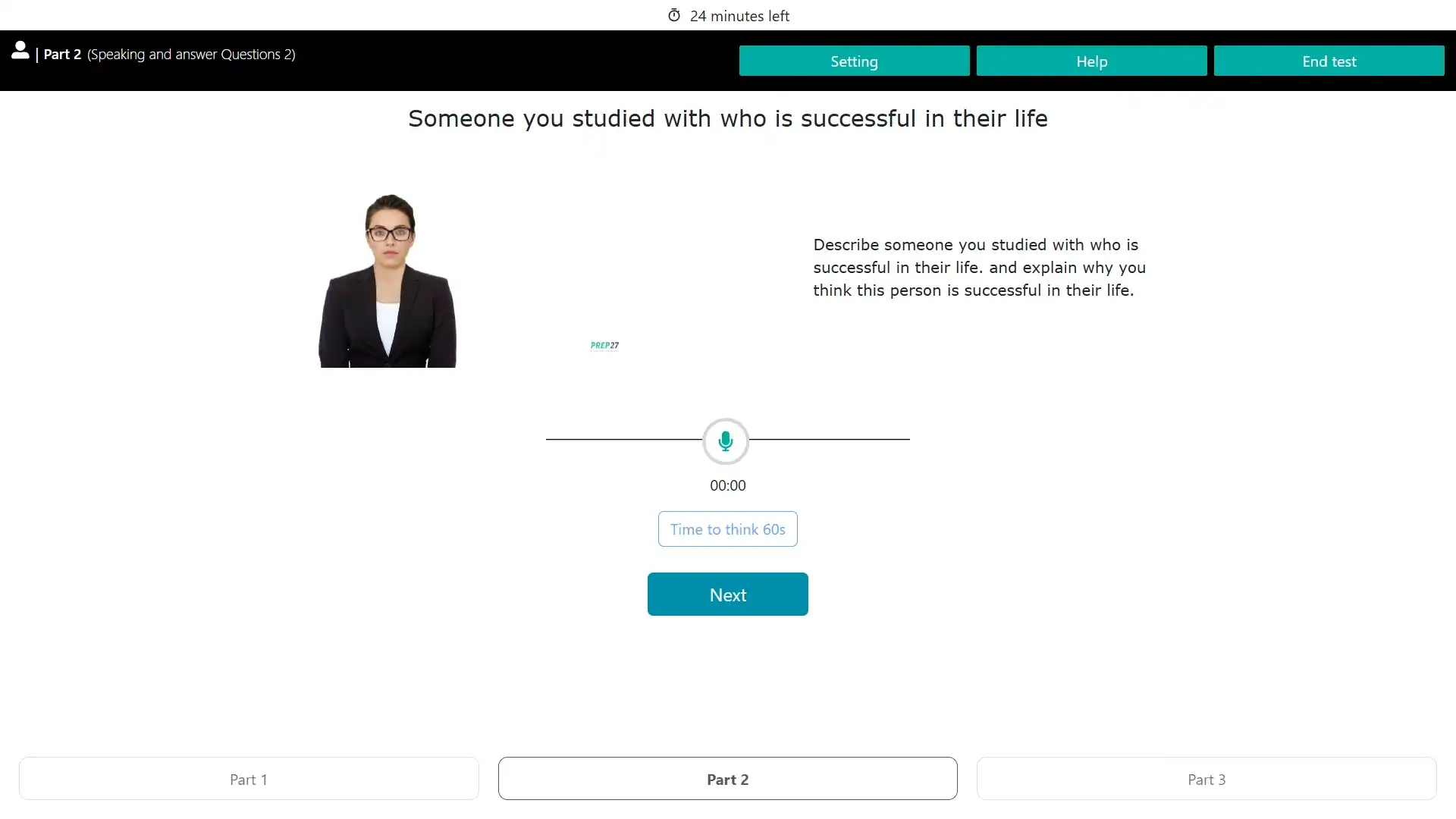 Speaking module of IELTS General mock test online with AI feedback on Prep27