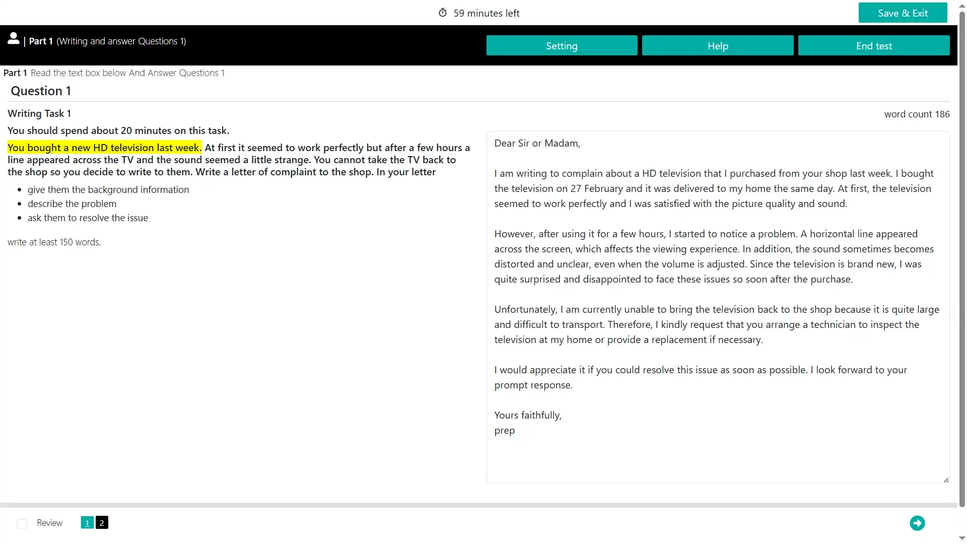 Writing module of IELTS General mock test online with AI feedback on Prep27
